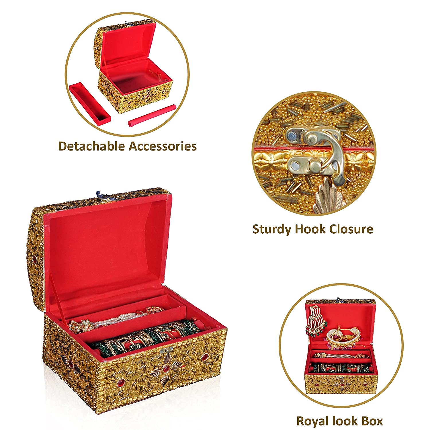 Santarms Wooden and Golden Handcrafted Rajwada Jewellery and Storage Box With Lock System for Makeup and Vanity - Singardani for Women (Golden)