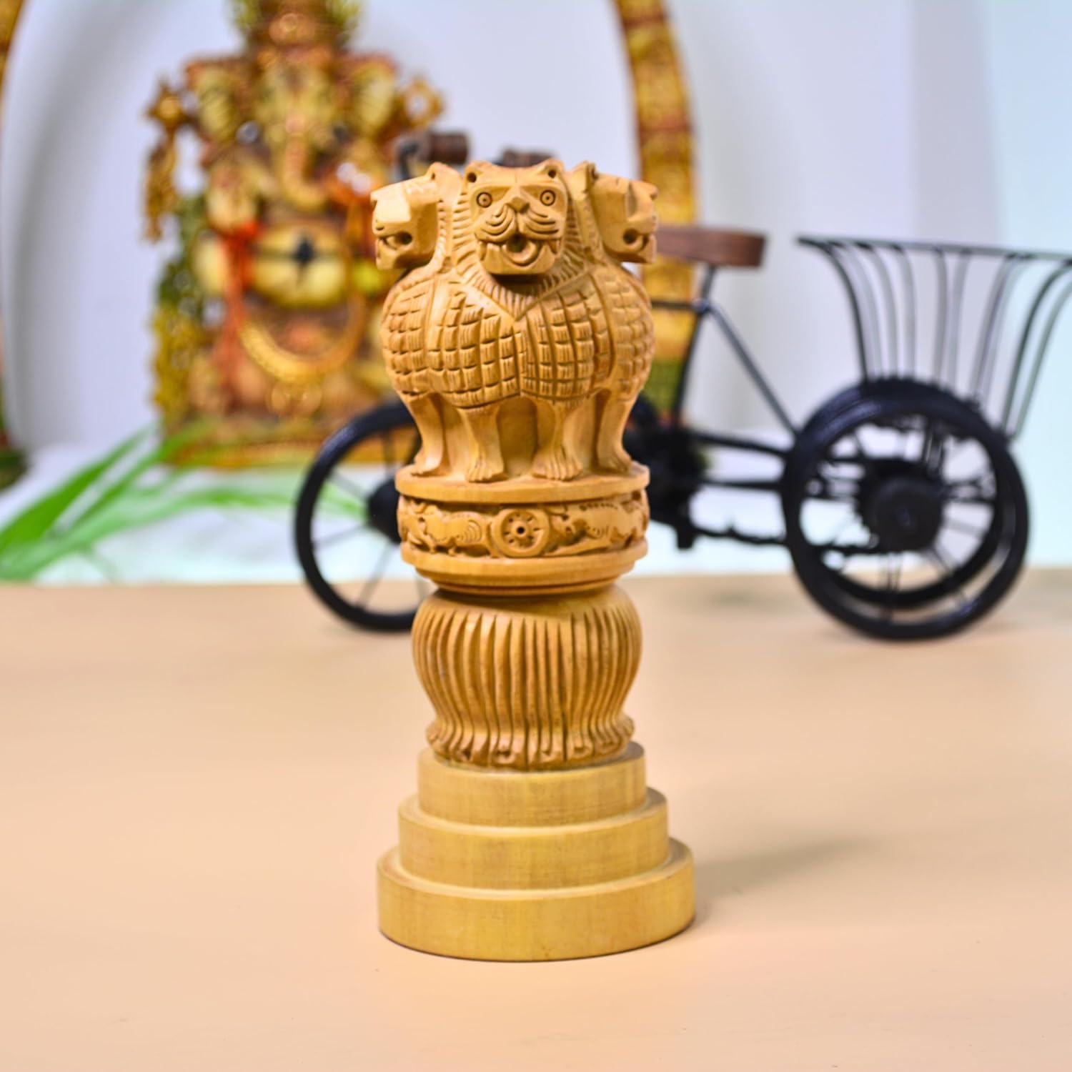 santarms Wooden Ashoka Stambh | Pillar Ideal for Indian Office & Home Decor Showpiece Advocate Accessories Items Gifts Best Gifting Gift Ashok Pillara Stand Car Statue - 6 Inch