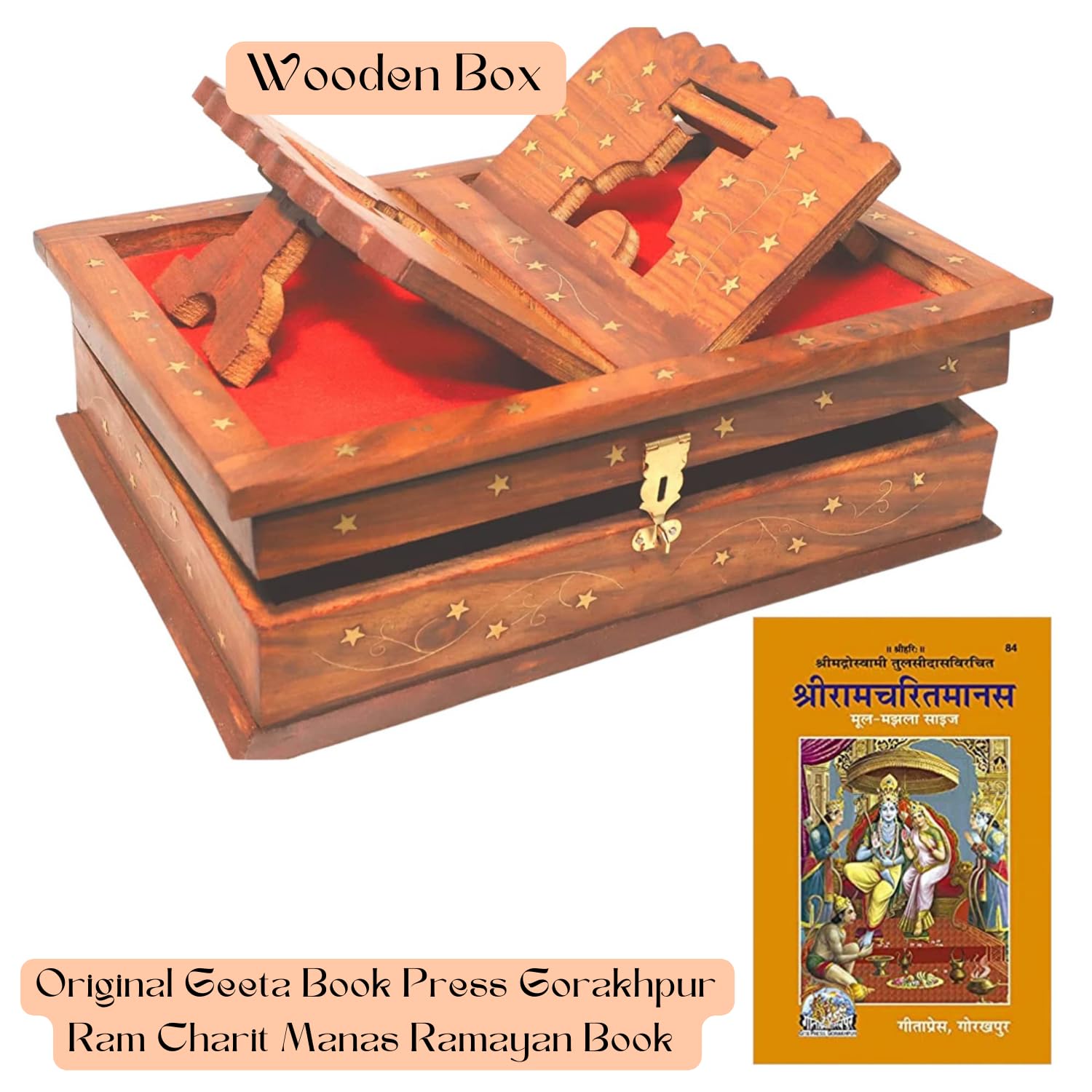 Santarms Wooden Holy Ramcharitmanas Book Wooden Box & Foldable Book Stand for Reading with Original Geeta Book Press Gorakhpur Ram Charit Manas Ramayan Book, Combo Offer + 1 Box 1 Book