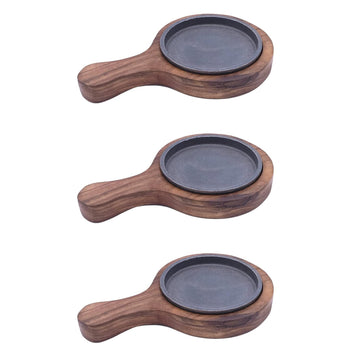 santarms Cast Iron Sizzler Plate with Wooden Stand Pack of 3