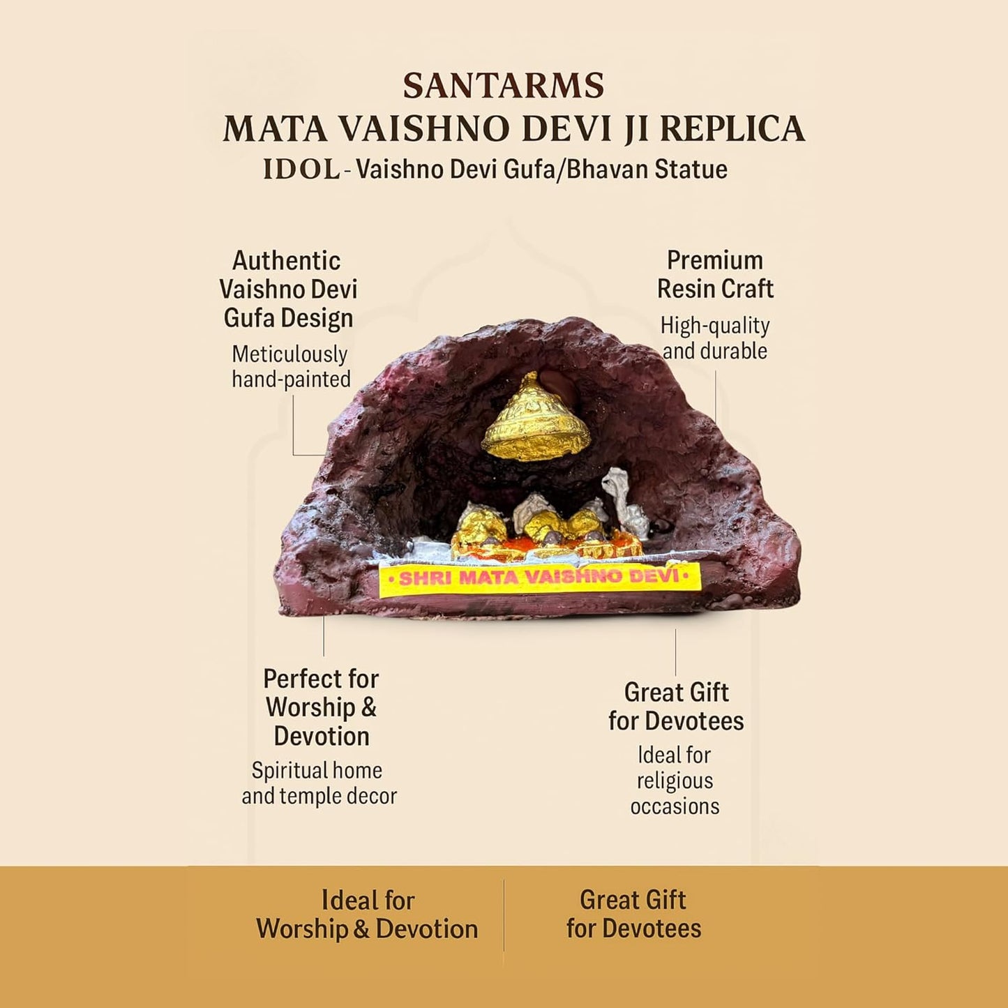 santarms Handmade MATA Vaishno Devi Ji Idol - Divine Vaishno Devi Gufa Statue Resin Craft for Religious Worship & Home Temple Decor for Devotees (Jammu & Kashmir)