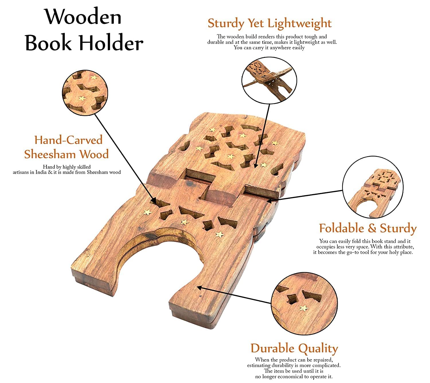 Santarms Handmade Sheesham Wooden Foldable Quran Book Stand: A Reverent Reading Companion and Thoughtful Gift – 10 Inches