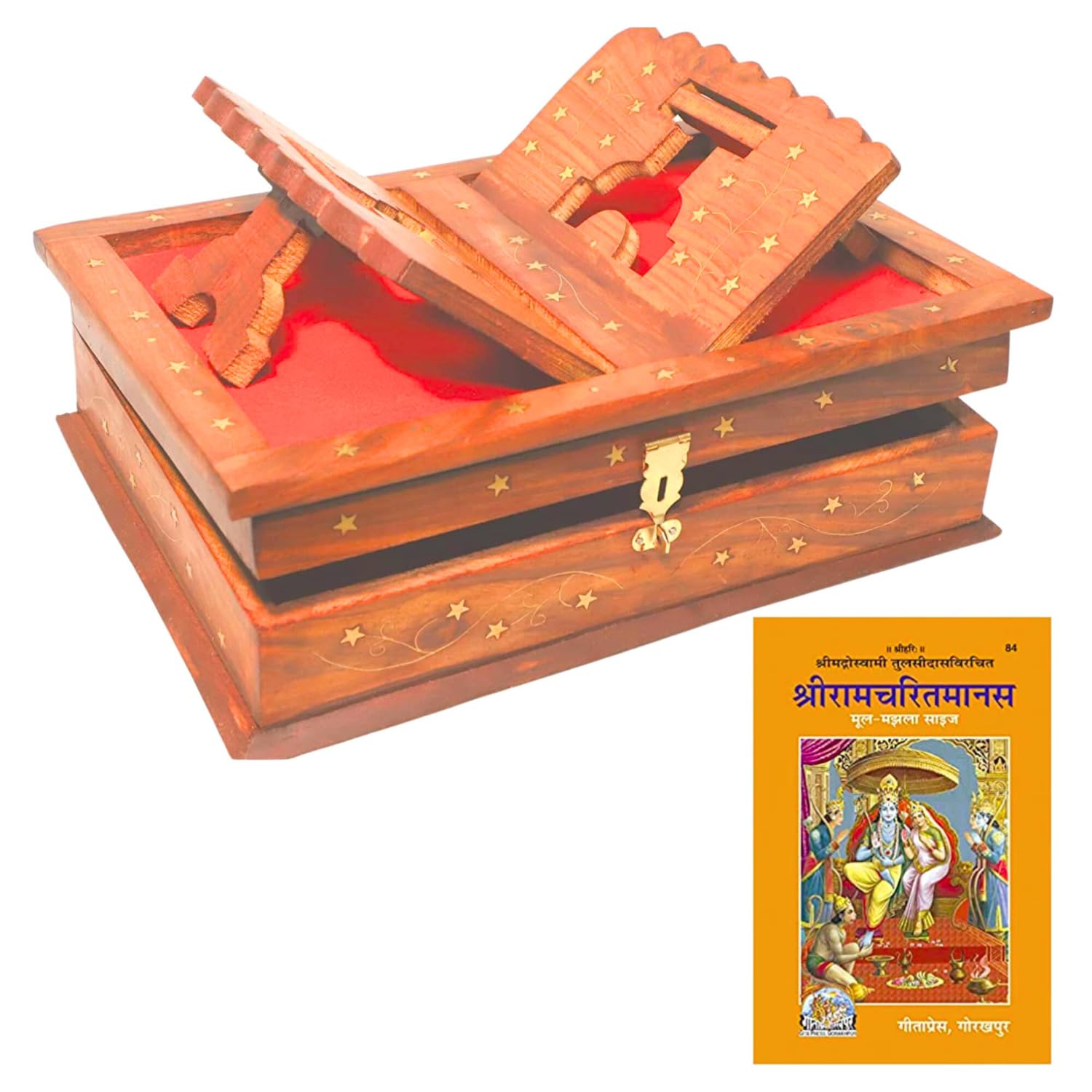 Santarms Wooden Holy Ramcharitmanas Book Wooden Box & Foldable Book Stand for Reading with Original Geeta Book Press Gorakhpur Ram Charit Manas Ramayan Book, Combo Offer + 1 Box 1 Book