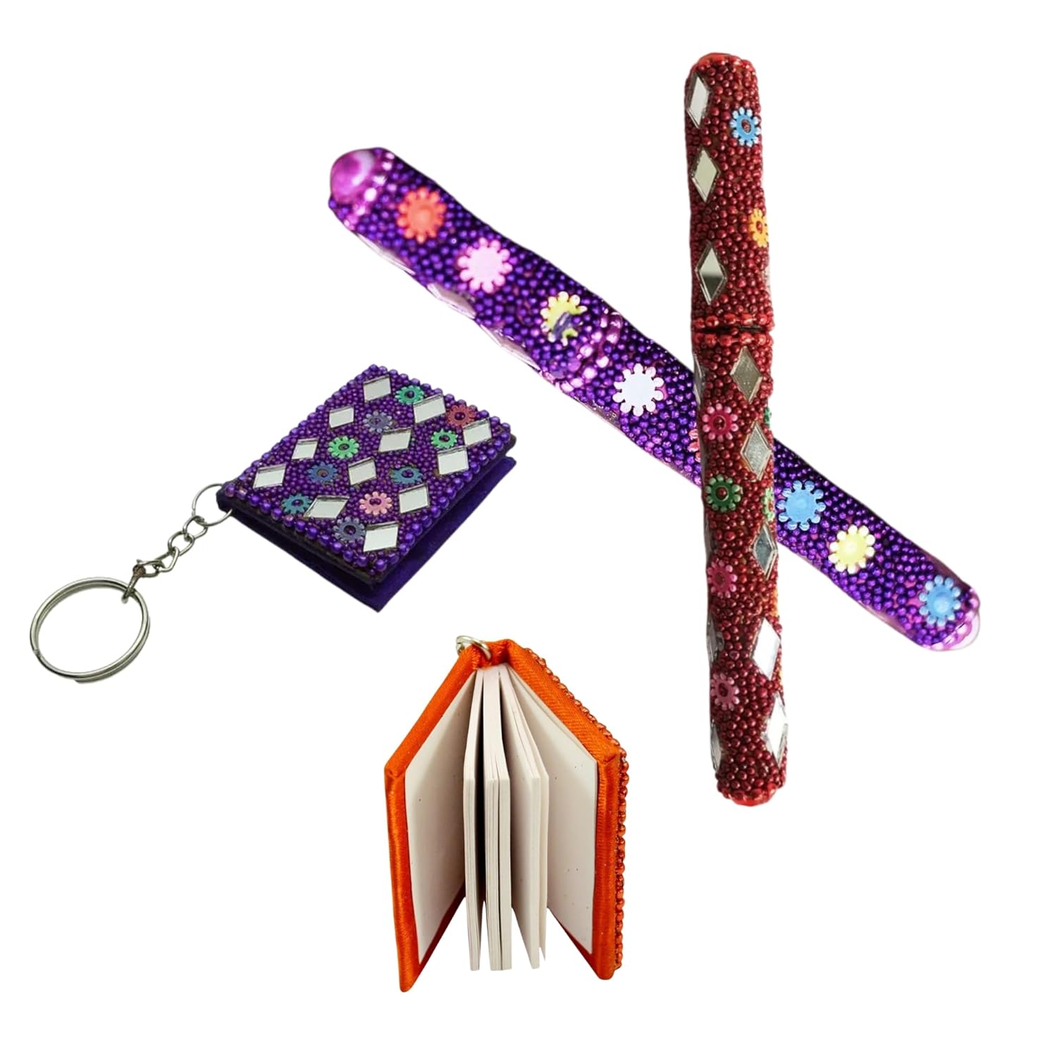 santarms Rajasthani Handmade Mirror Ball Blue Pen for Smooth Writing with Antique Mirror Diary Keychain