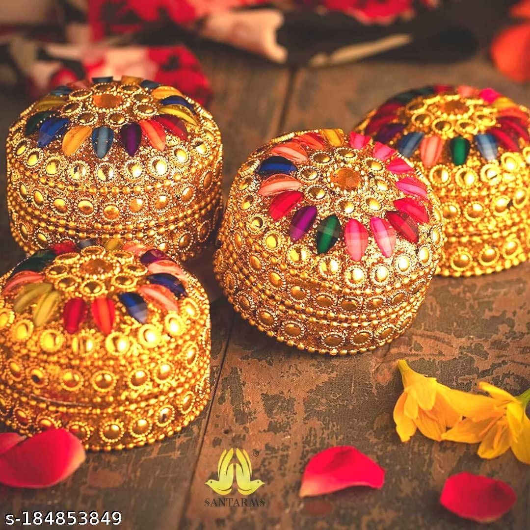 santarms Handmade Golden Small Kumkum Box Set Refillable Sindoor Shringardani With Multi-Color Gemstones Aluminum Round Moti Dibbi For Married Women Perfect Shadi Ka Gift, Pooja & Wedding (Set Of 4)