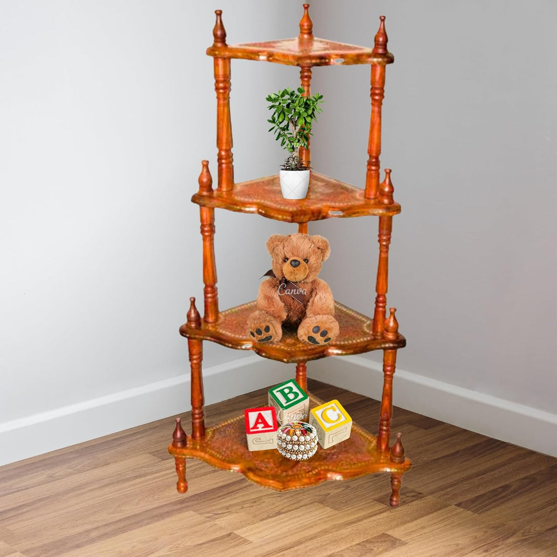 santarms Corner Shelf 4 Rack Wooden Brass Work Wall Shelves - Organize and Decorate Your Living Room, Kitchen, Bedroom, and Pooja Room