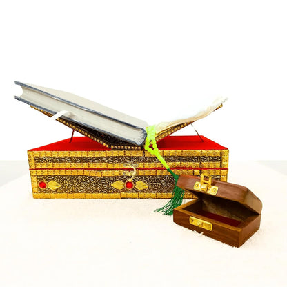 Santarms Wooden Holy Quran Pak Sharif Rehal Book Stand with Box Rihal for Kuran Shrif, Eid Gift, Inlay Work, Free (1 NAMAZ Cap + 1 Tasbih) Combo Pack