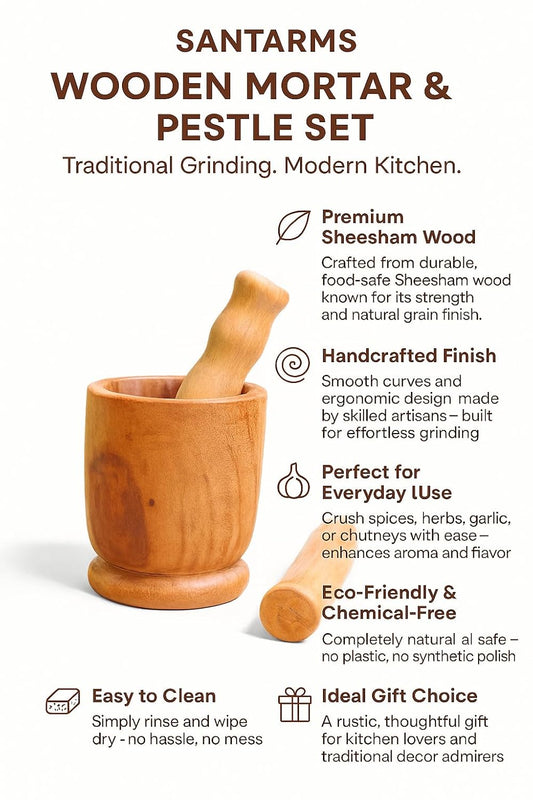 Santarms Wooden Mortar and Pestle Set for Kitchen, Rosewood Khalad Musal/Musli, Okhli Masher, Khalbatta