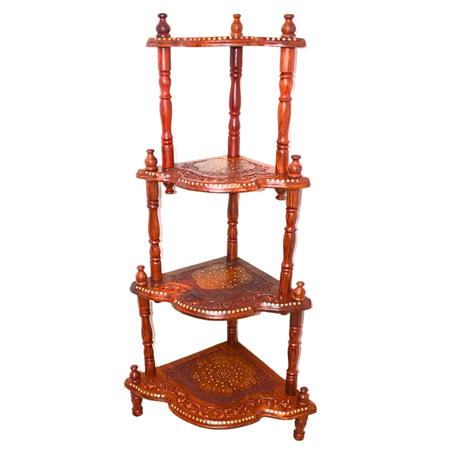 santarms Corner Shelf 4 Rack Wooden Brass Work Wall Shelves - Organize and Decorate Your Living Room, Kitchen, Bedroom, and Pooja Room