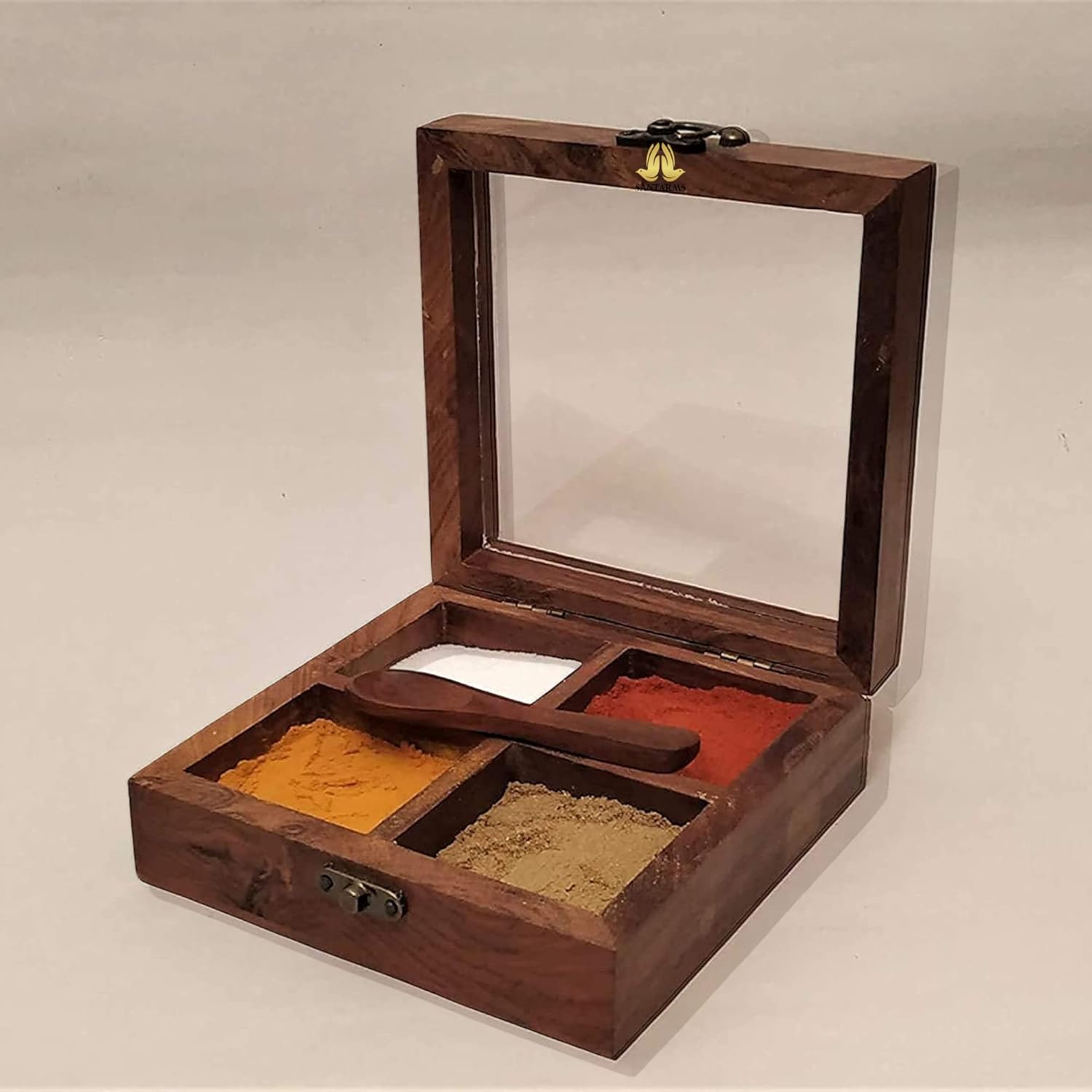 santarms handmade wooden masala box for kitchen Spice Boxes wooden dry fruit box 4 container dry fruits box - snacks box, masala box, use as jewellery box or chocolate box