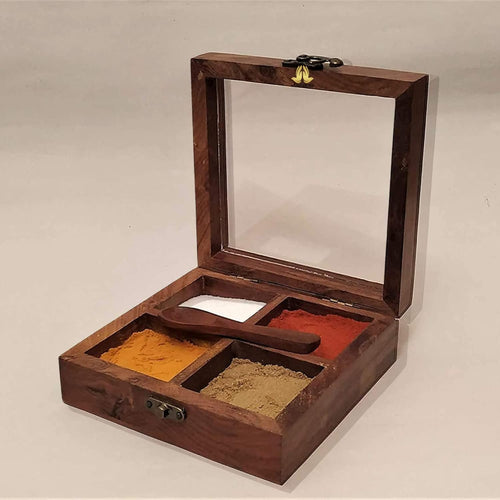 santarms handmade wooden masala box for kitchen Spice Boxes wooden dry fruit box 4 container dry fruits box - snacks box, masala box, use as jewellery box or chocolate box