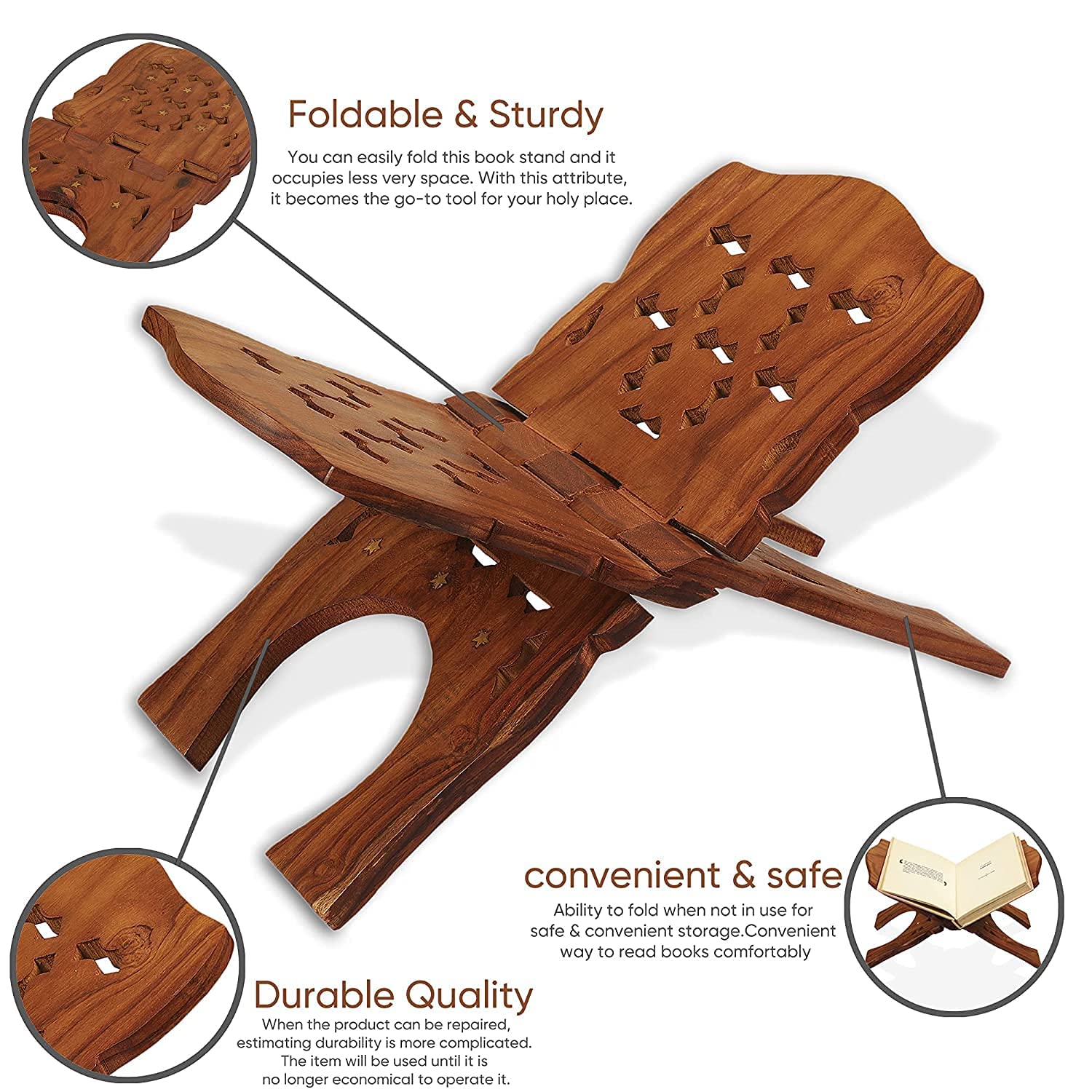 santarms Wooden Holy Quran Sharif Rehal Book Reading Holder Rihal Stand Foldable Kuran Shelf Rahel Stand Items for Office & Home Decor, 18 INCH