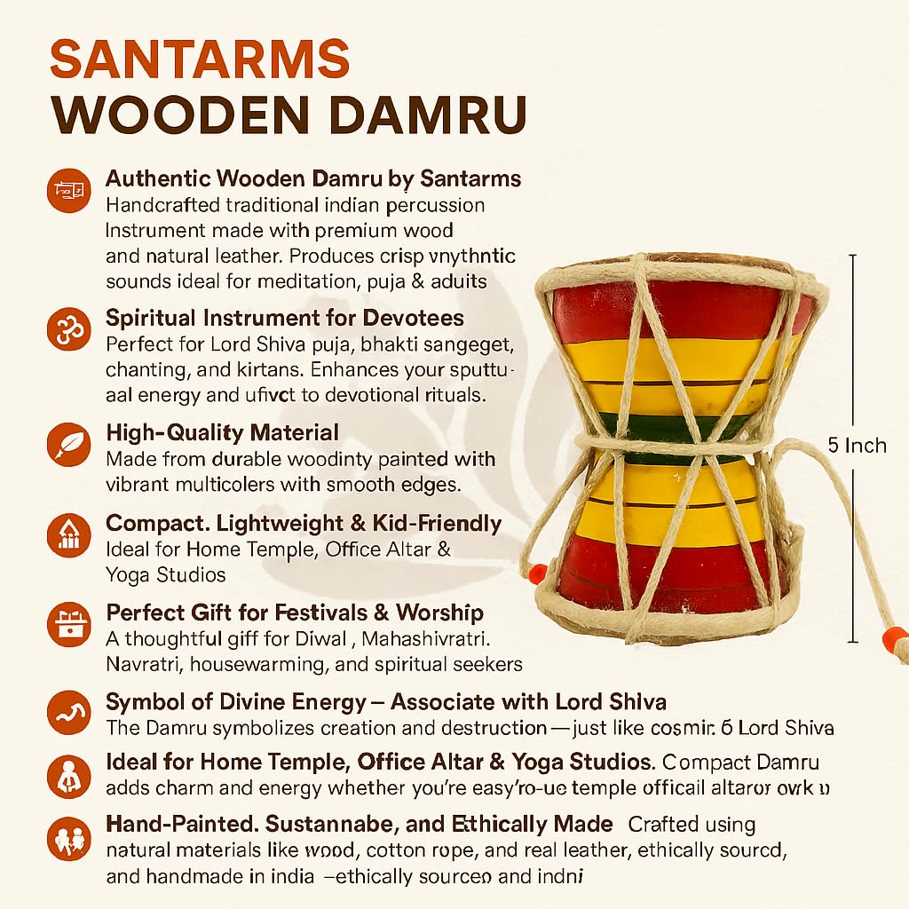 Santarms Handcrafted Wooden Damru | 5 Inch Traditional Indian Drum for Devotional Puja, Bhajan, Meditation & Kids | Lord Shiva Spiritual Instrument