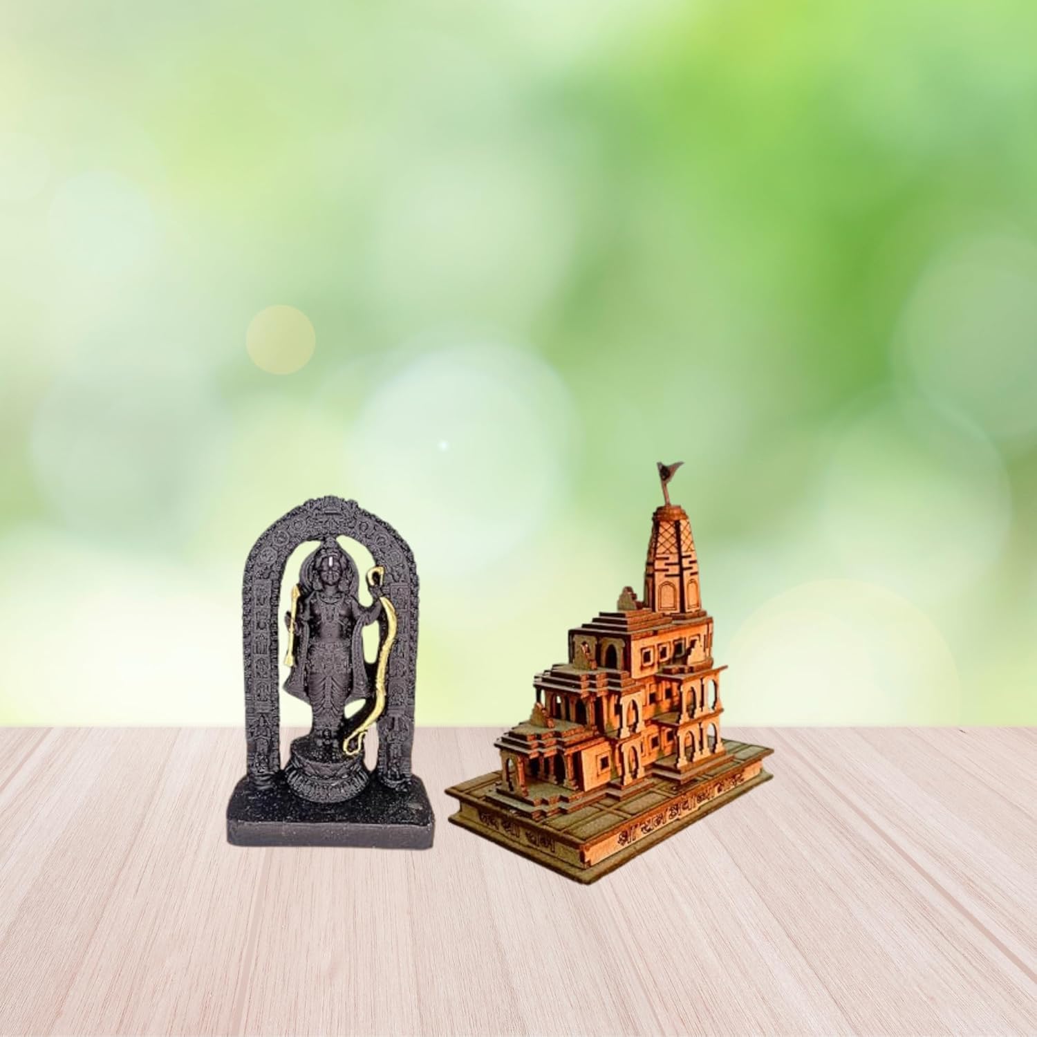 santarms Ayodhya Ram Mandir Model with Ram Lall Idol Wood Mandir Religious of Shree Ram Janambhumi Design Decorative Wooden Temple for Home, Office Décor Gift Item