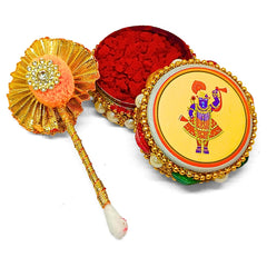 santarms Aluminium Kumkum Box with Sindoor and Stick, Designer Stone Moti Dibbi/Dabbi - Pack of 1