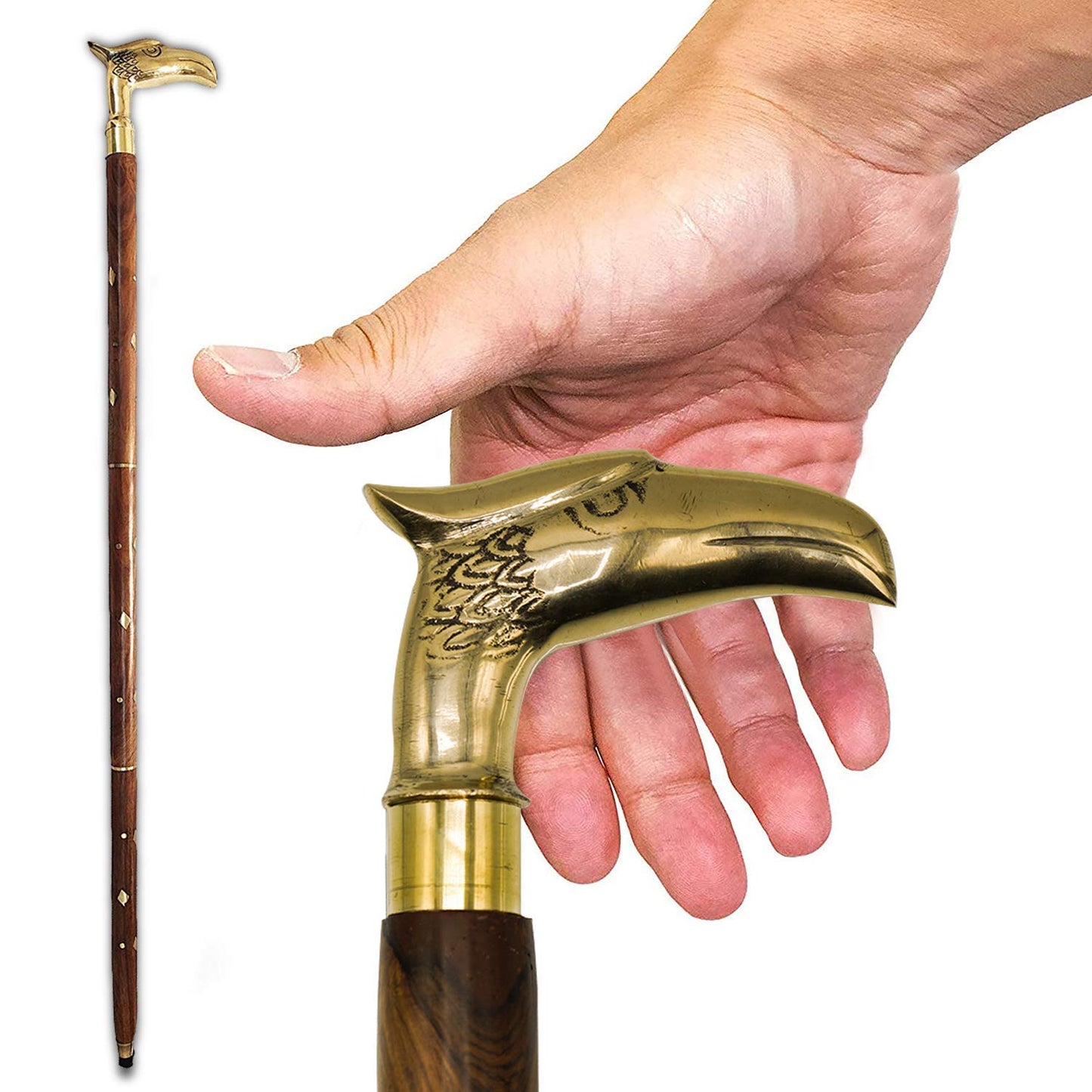 Santarms Wooden Stick for Walking Folding Walking Stick Walking Stick Pakka Sheesham Wood Walking Stick with Brass Handle - Eagle Design