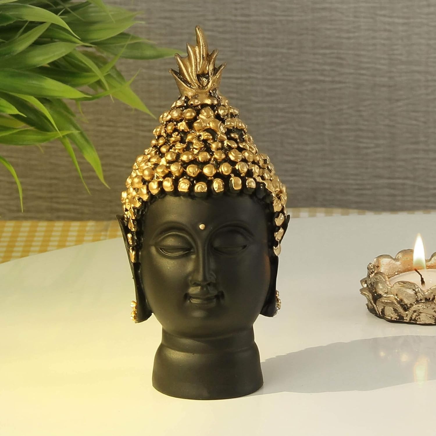 santarms Buddha Head Statue - Decorative Buddha Idol Showpiece for Home Living Room Car Dashboard Table Decoration Gifts (Black, Golden)