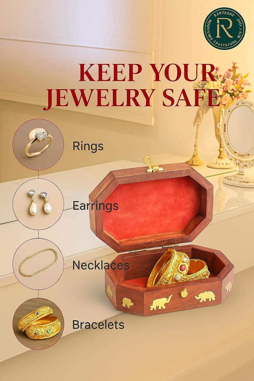 santarms Wooden Carved Box, Rosewood Jewellery Organizer, Elephant Design Vanity, Handmade Rajsthani Makeup Storage Box