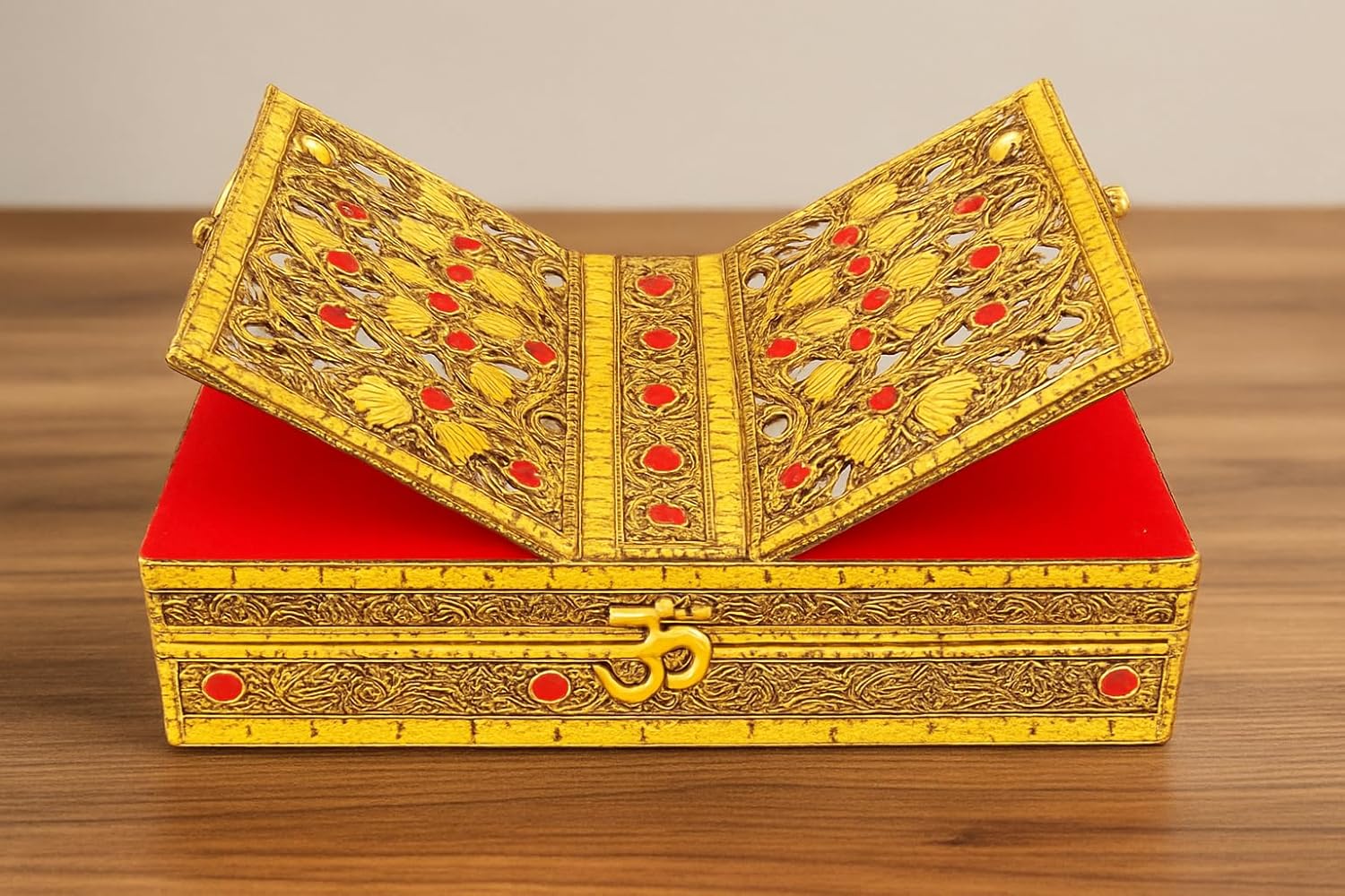 Santarms Handmade Wooden Geeta Box with Foldable Stand, Universal Book Holder for Bhagwat Geeta, Ramayan, and Pooja Path, Decorative Golden Wood Book Stand Box for Home Temple