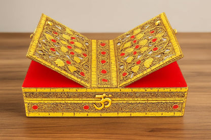 Santarms Handmade Wooden Geeta Box with Foldable Stand, Universal Book Holder for Bhagwat Geeta, Ramayan, and Pooja Path, Decorative Golden Wood Book Stand Box for Home Temple