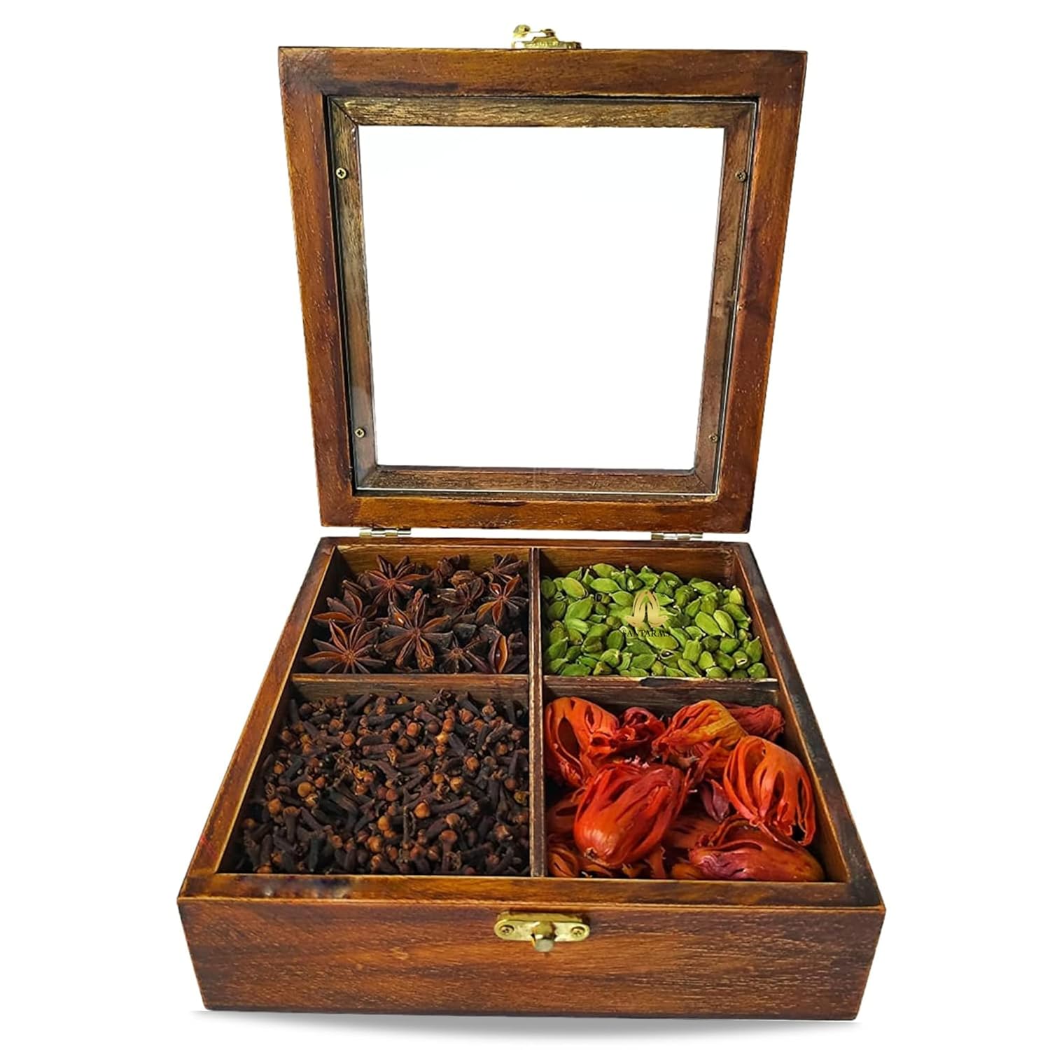 santarms handmade wooden masala box for kitchen Spice Boxes wooden dry fruit box 4 container dry fruits box - snacks box, masala box, use as jewellery box or chocolate box