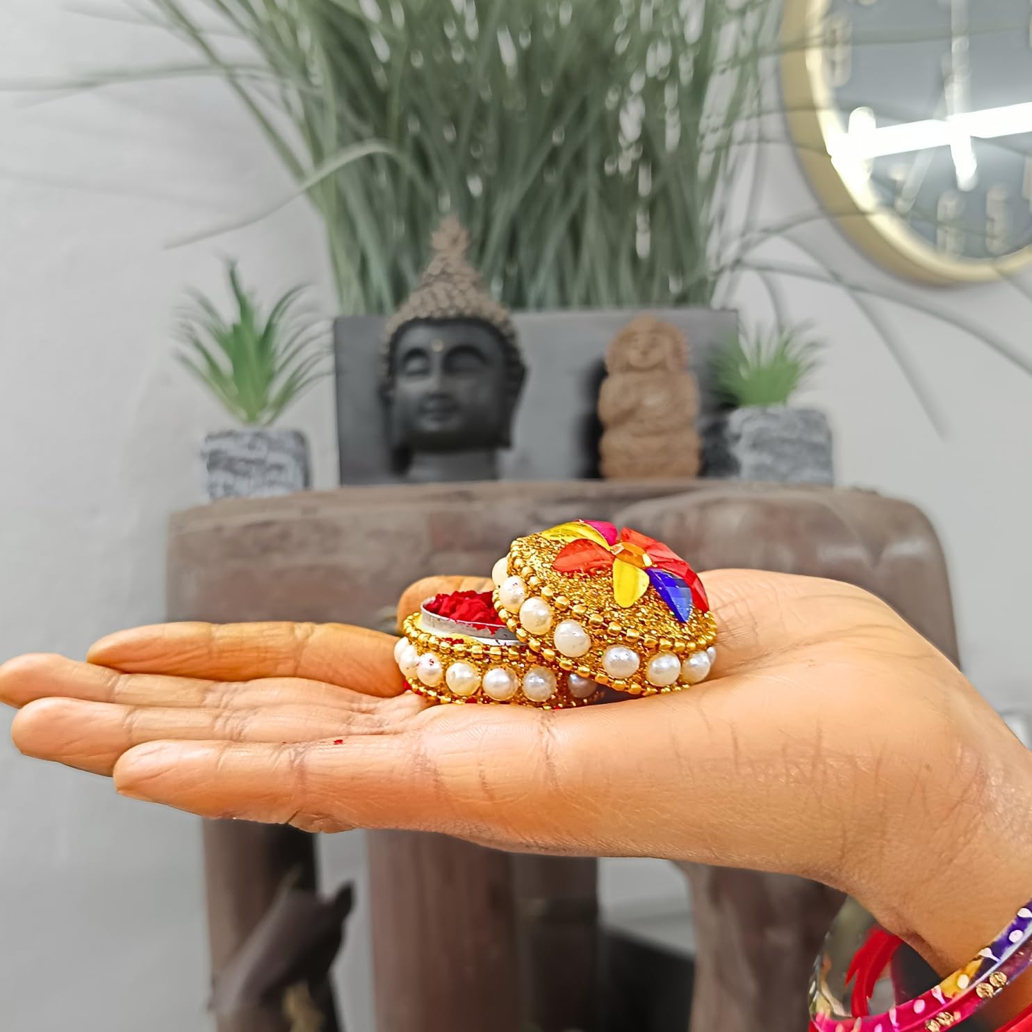 santarms Kumkum Box Set, Puja Round Sindur Dani Dabbi, Beautifully Designed Moti Dibbi (Pack of 12)