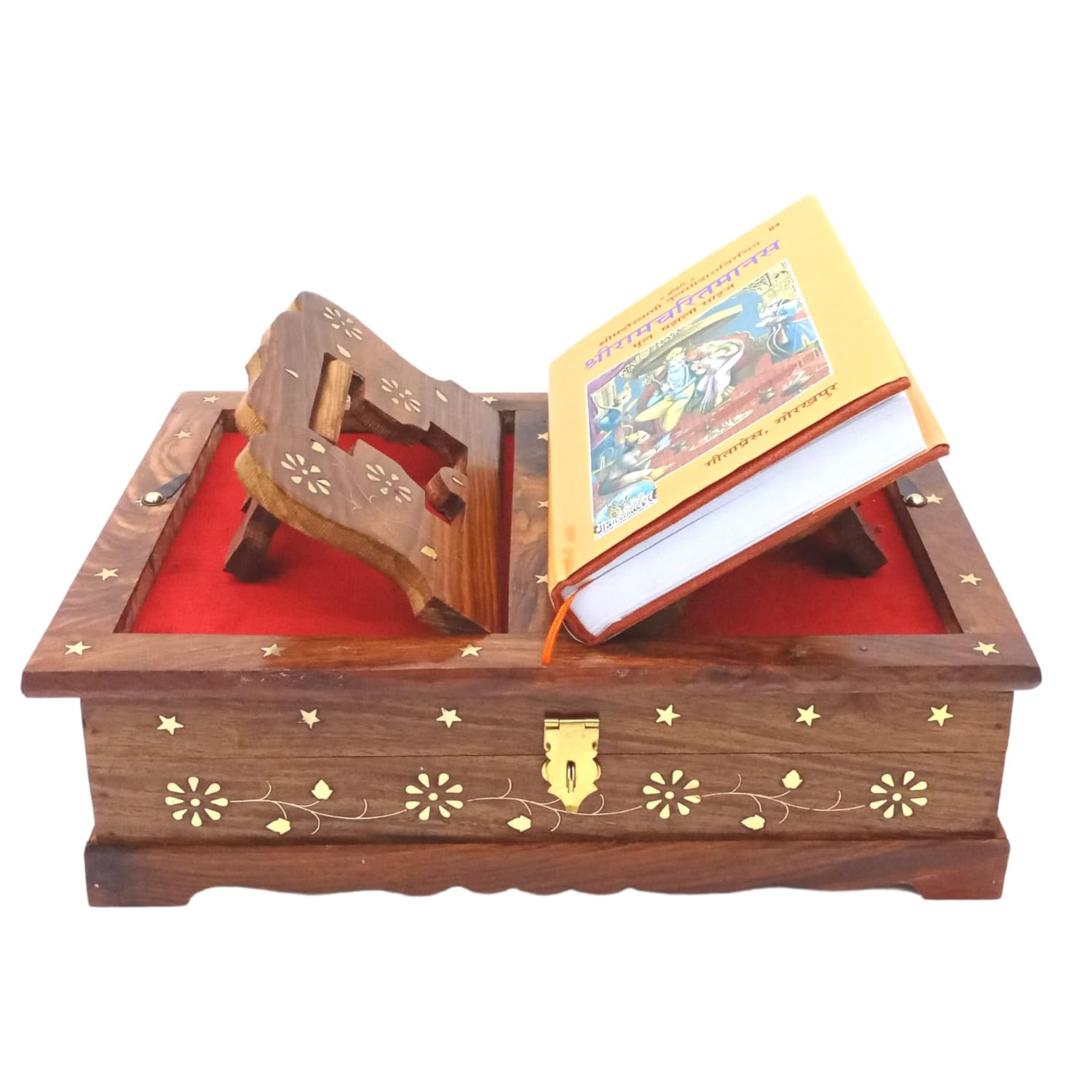 Santarms Wooden Holy Ramcharitmanas Book Wooden Box & Foldable Book Stand for Reading with Original Geeta Book Press Gorakhpur Ram Charit Manas Ramayan Book, Combo Offer + 1 Box 1 Book