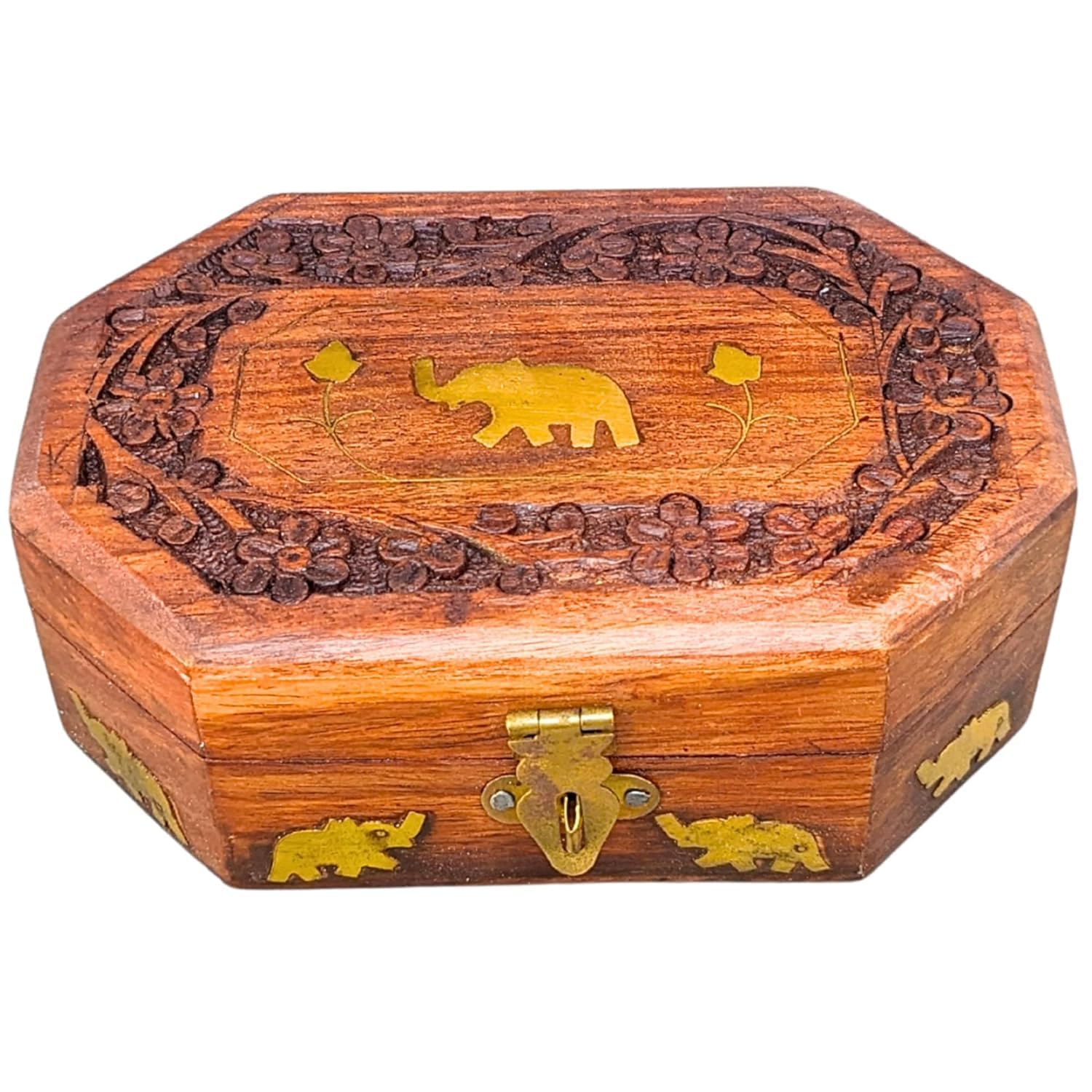 santarms Wooden Carved Box, Rosewood Jewellery Organizer, Elephant Design Vanity, Handmade Rajsthani Makeup Storage Box