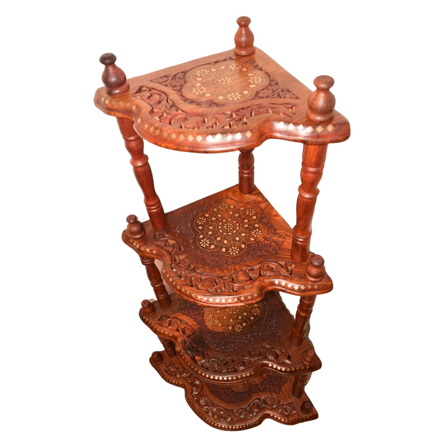 santarms Corner Shelf 4 Rack Wooden Brass Work Wall Shelves - Organize and Decorate Your Living Room, Kitchen, Bedroom, and Pooja Room