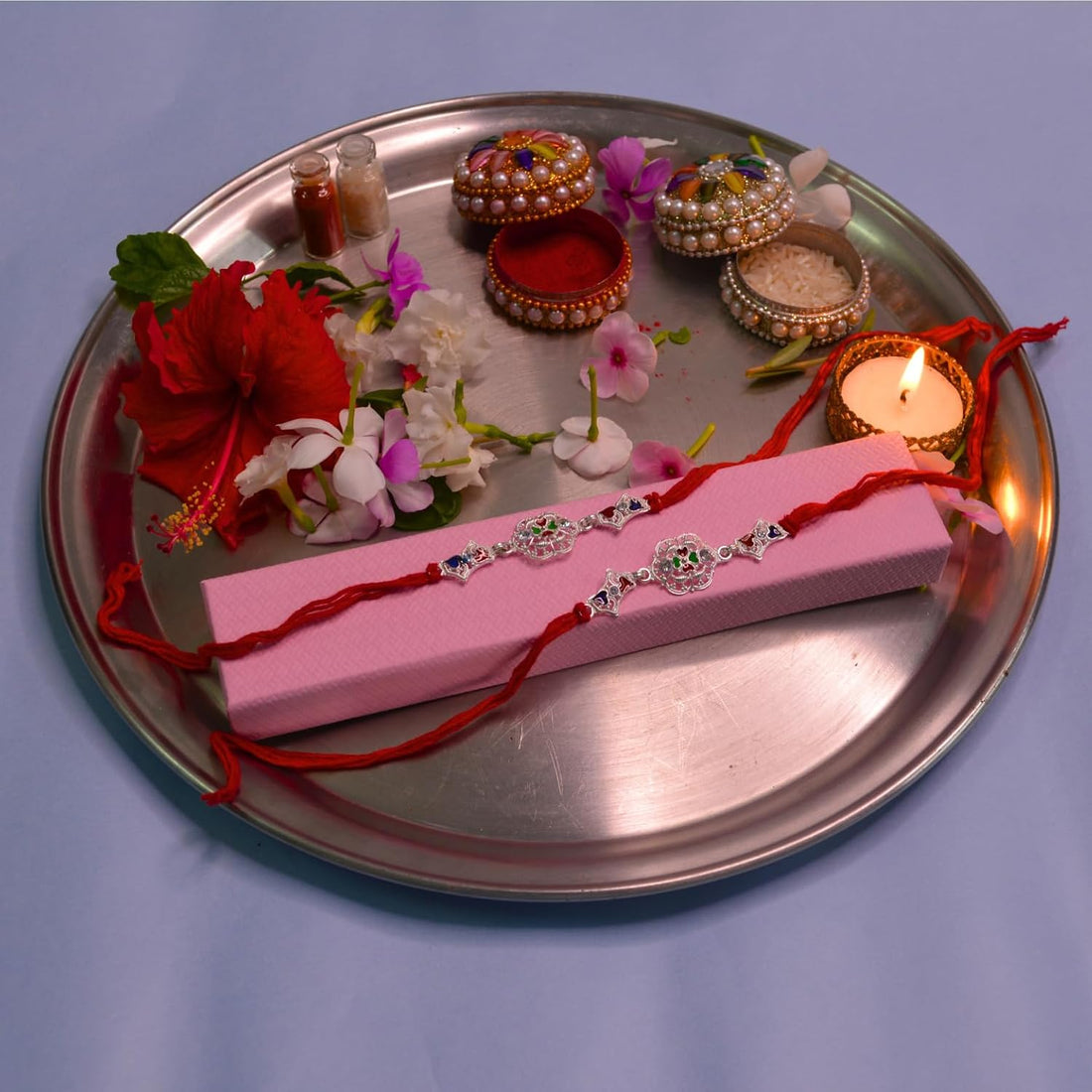 santarms Set of 2 Silver Flower Designer Rakhis with Red Threads, and Free Roli Chawal Pack - Rakhis for Brothers