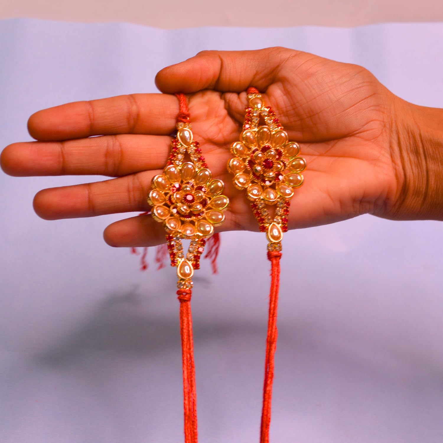santarms Stone 2 Flower Rakhi Combo For Brother Bhaiya Bhabhi Sister Raksha Bandhan Gift Band Moli Bracelet for Bhai with Roli Tilak and chawal