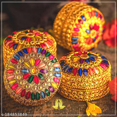 santarms Handmade Golden Small Kumkum Box Set Refillable Sindoor Shringardani With Multi-Color Gemstones Aluminum Round Moti Dibbi For Married Women Perfect Shadi Ka Gift, Pooja & Wedding (Set Of 4)