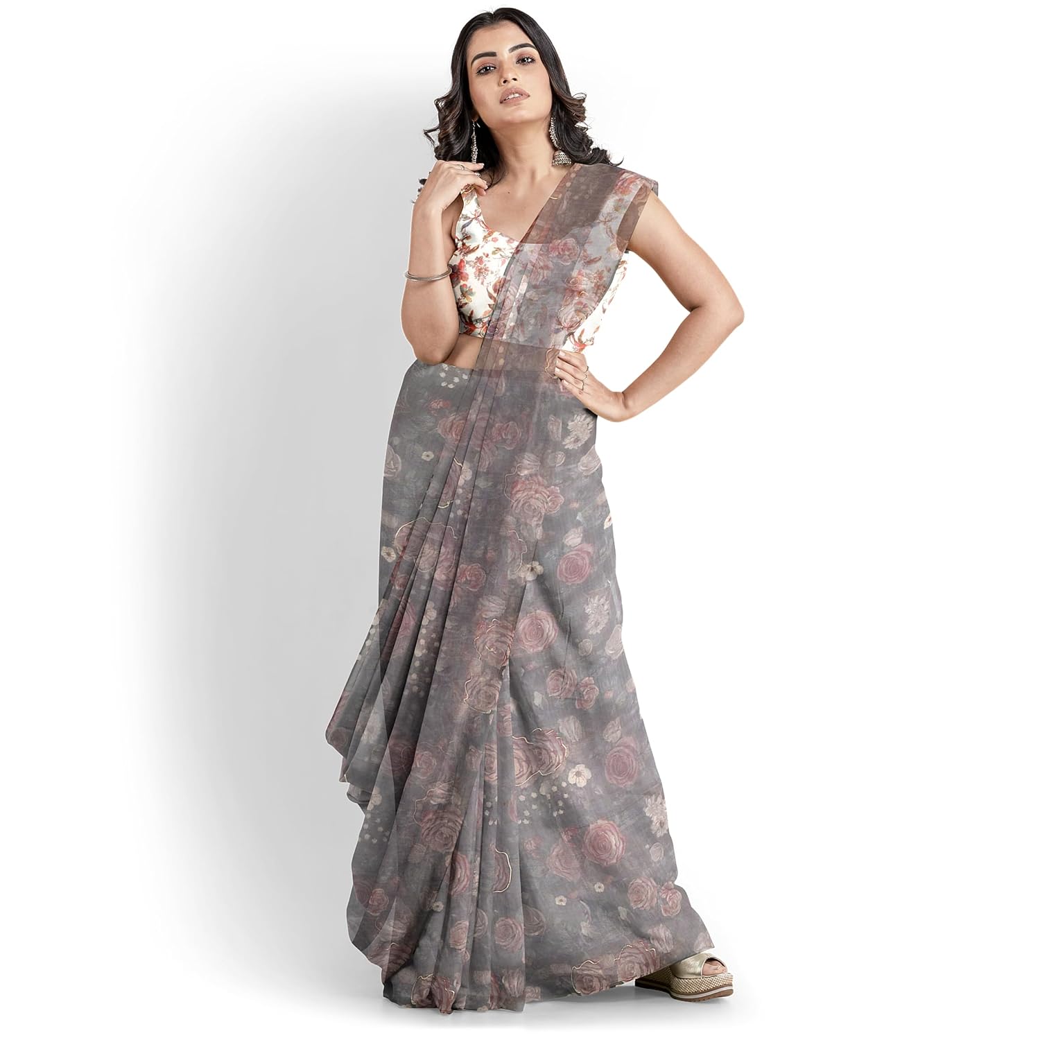 Hira Silk Organza Saree for Women, Printed Sari with Unstitched Blouse Piece for Woman