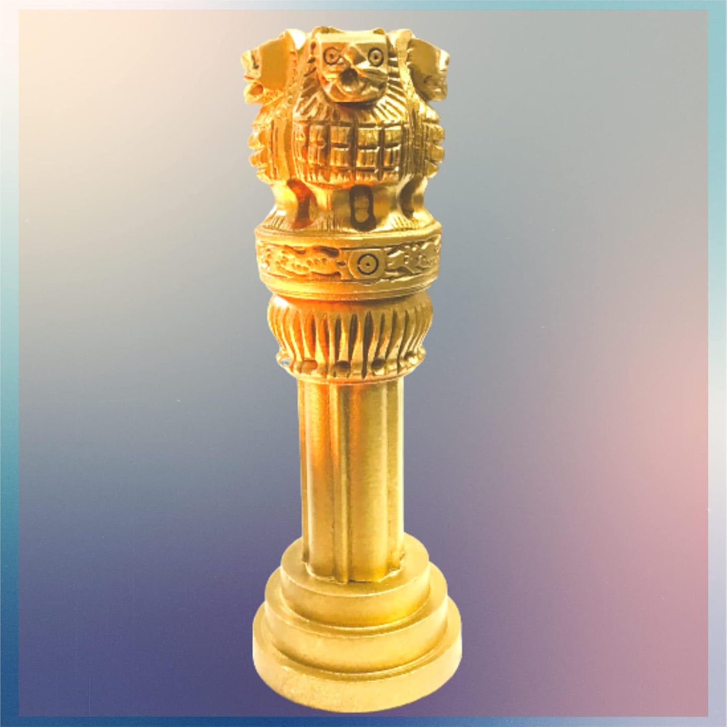 santarms Wooden Ashoka Stambh Pillar for Office Desk and Car Dashboard, Hand-Carved Sculpture Ashok Head/Piller for Table (4 Inch)