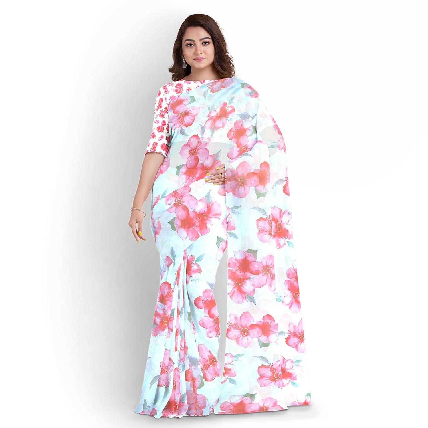 Hira Silk Organza Saree for Women, Printed Shiny Sari with Unstitched Blouse Piece for Women