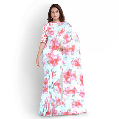 Hira Silk Organza Saree for Women, Printed Shiny Sari with Unstitched Blouse Piece for Women
