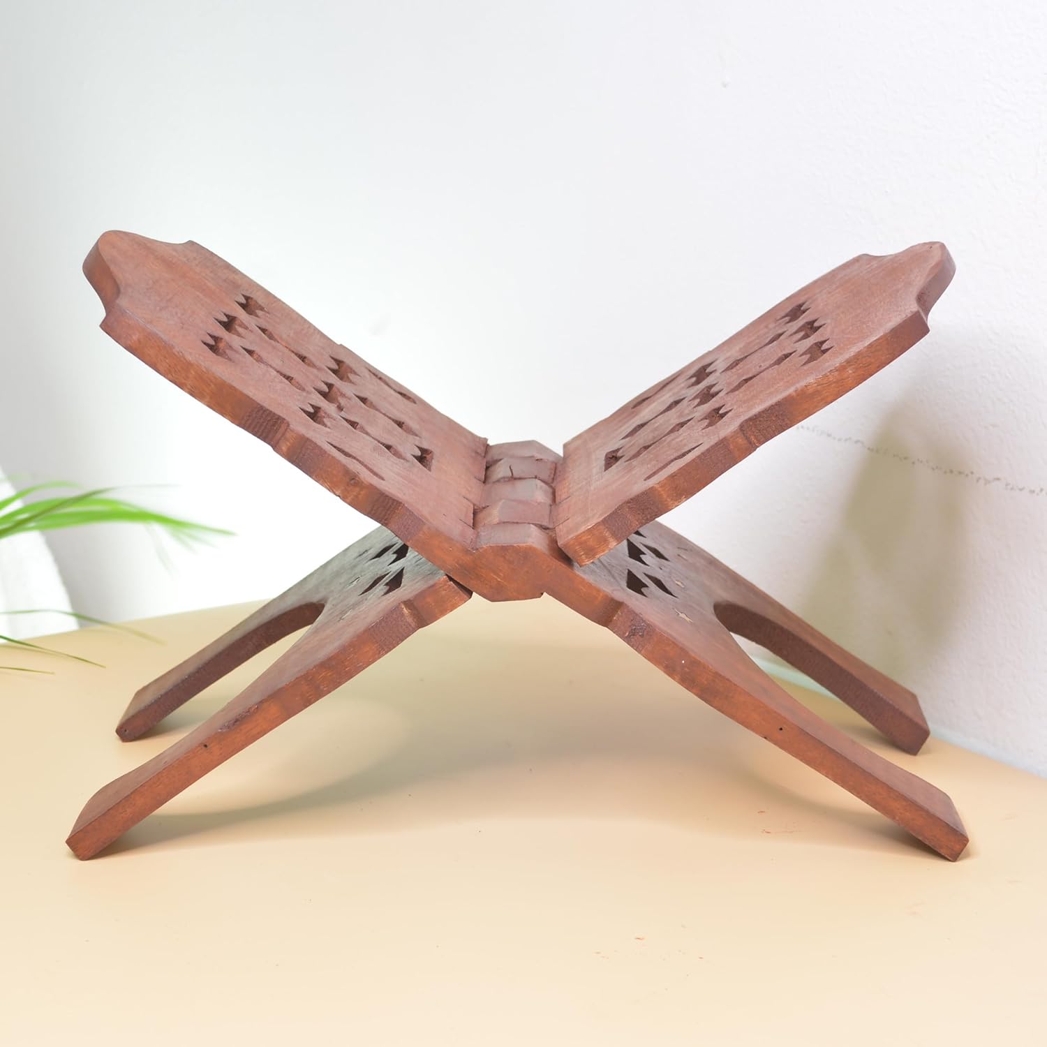Santarms Wooden Holy Book Stand Rehal for Pooja Reading Geeta Bible Quran Books Sharif Holder Foldable Handmade Rihal Folding Wood Craft Best Kuran Shelf Rahel Items Wedding Gifts Size - 18" Inch