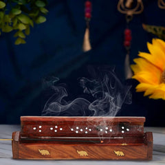 Santarms Wooden Agarbatti Stand with Brass Elephant Inlay – Incense Stick Holder Box with Ash Catcher Lid – Handmade Natural Wood Incense Burner for Home Temple Office Decor
