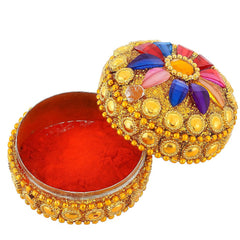 santarms Aluminium Handcrafted Golden Sindoor Box for Women, Jaipuri Round Kumkum Dabbi/Dibbi Sindur Dani with 5gm Red Sindoor and Stick Applicator (4)