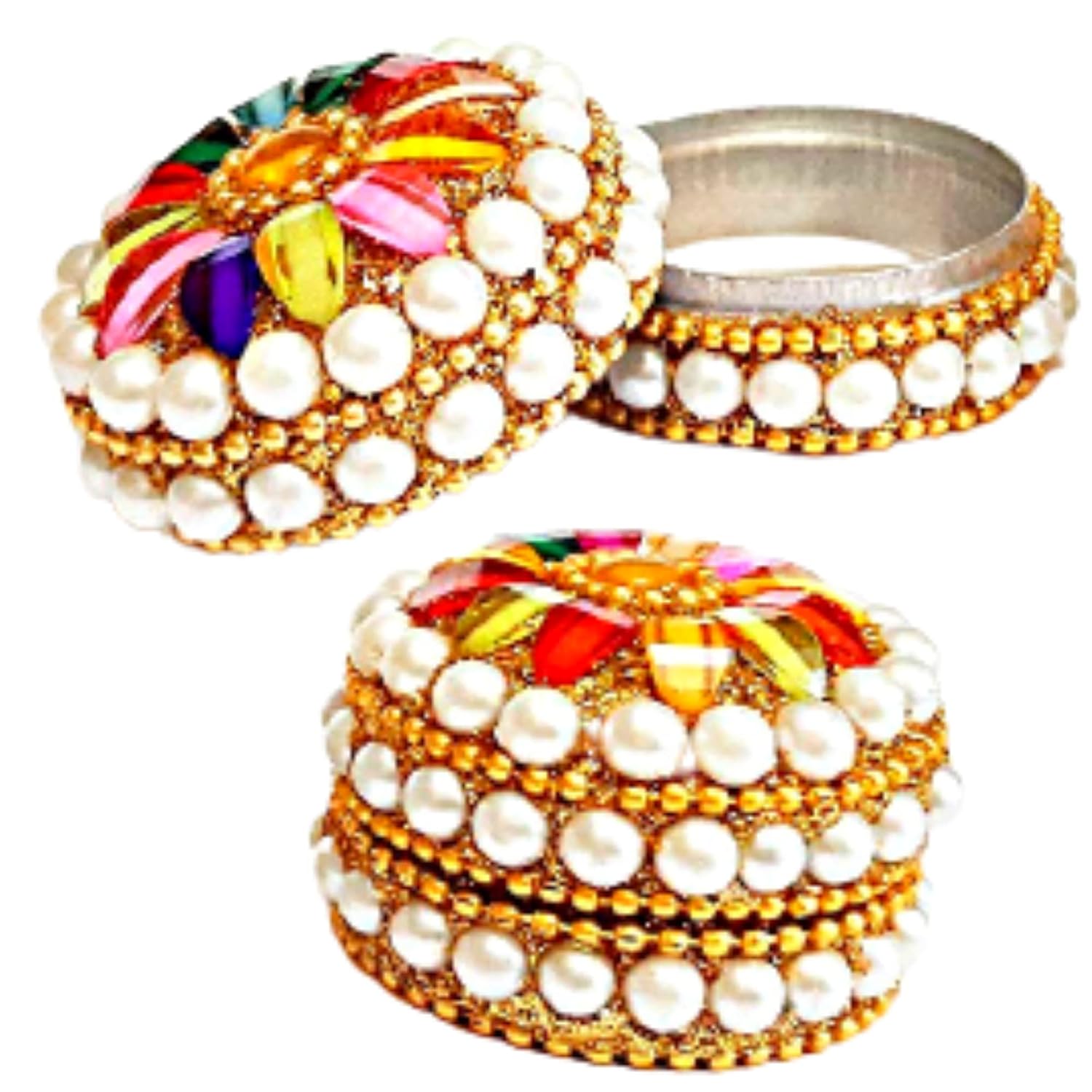 santarms golden small kum-kum box handcraft sindoor refillable for married women shadi ka gift puja round kumkum sindur shringar dani dabbi gifting moti dibbi fancy decoration (set of 2)