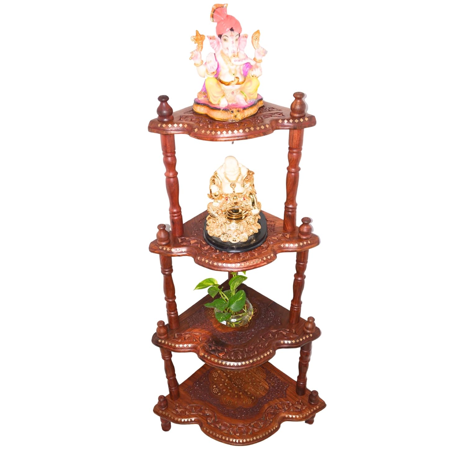 santarms Corner Shelf 4 Rack Wooden Brass Work Wall Shelves - Organize and Decorate Your Living Room, Kitchen, Bedroom, and Pooja Room
