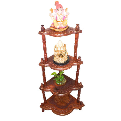 santarms Corner Shelf 4 Rack Wooden Brass Work Wall Shelves - Organize and Decorate Your Living Room, Kitchen, Bedroom, and Pooja Room