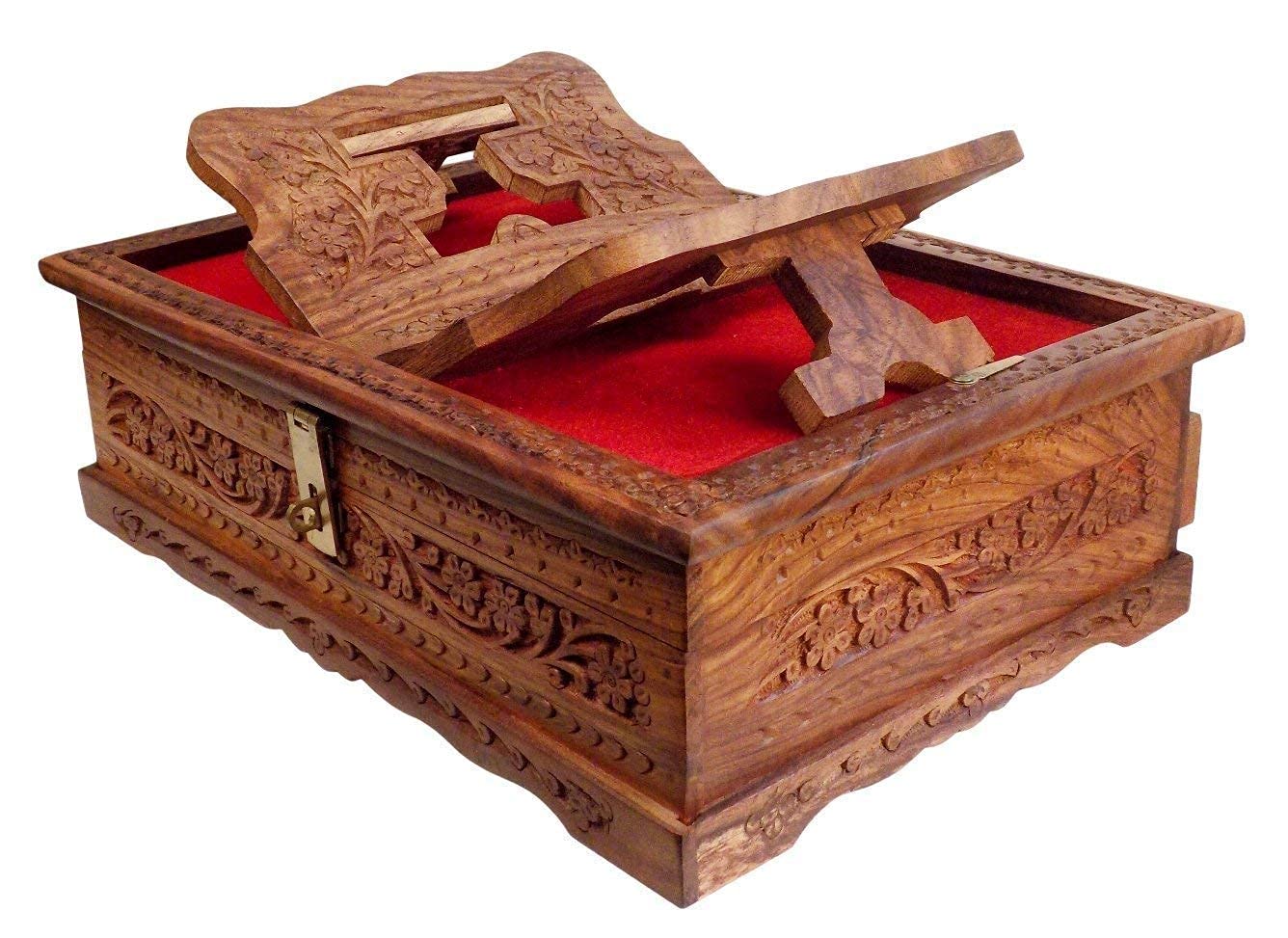 Santarms Wooden Decor Holy Book Stand Box for Reading Quran, Geeta, Guru Granth Sahib, Bible | Book Box with Intricate Carving - Ideal for Diwali Gift