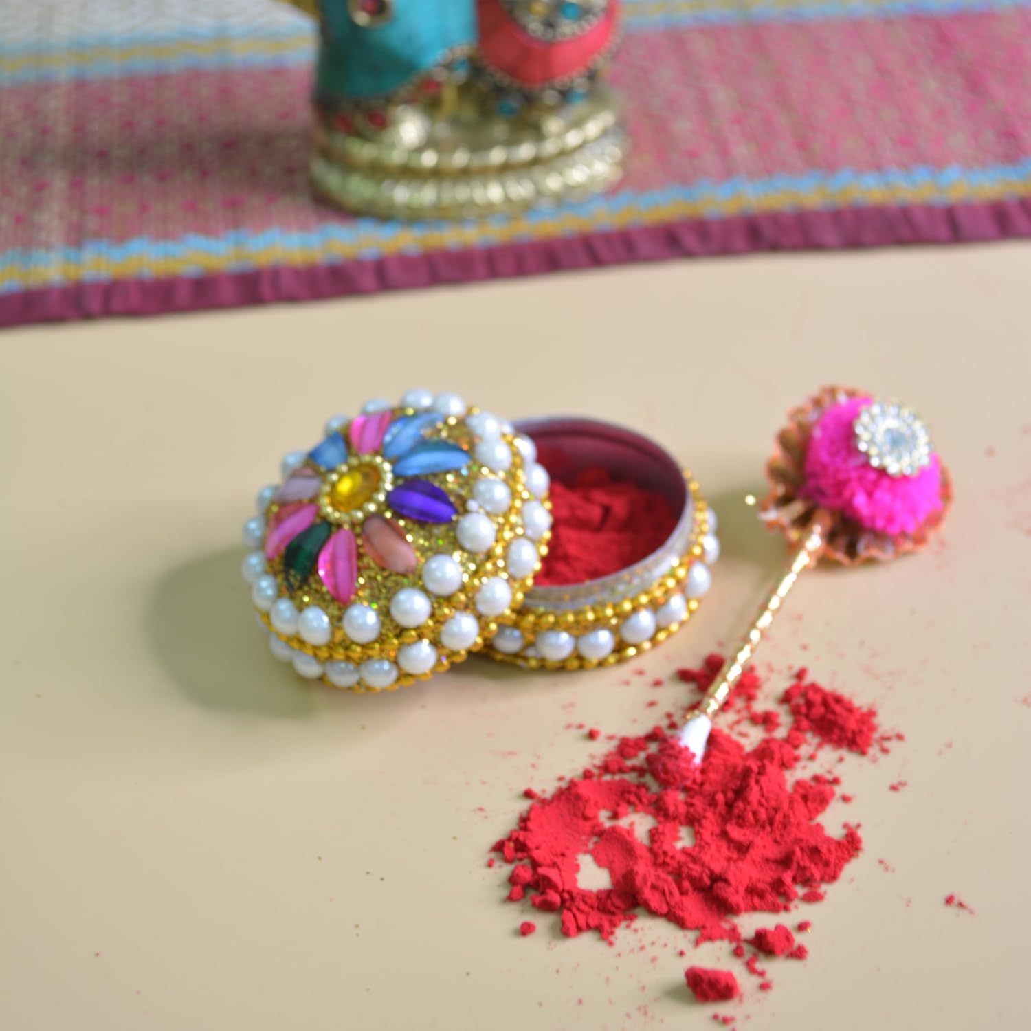 santarms Fancy Sindoor Box for Gift with Tilak Stick | Pooja Articles Gifting Sindoor Moti Dibbi - kumkum box with beautiful stick for multi-purpose