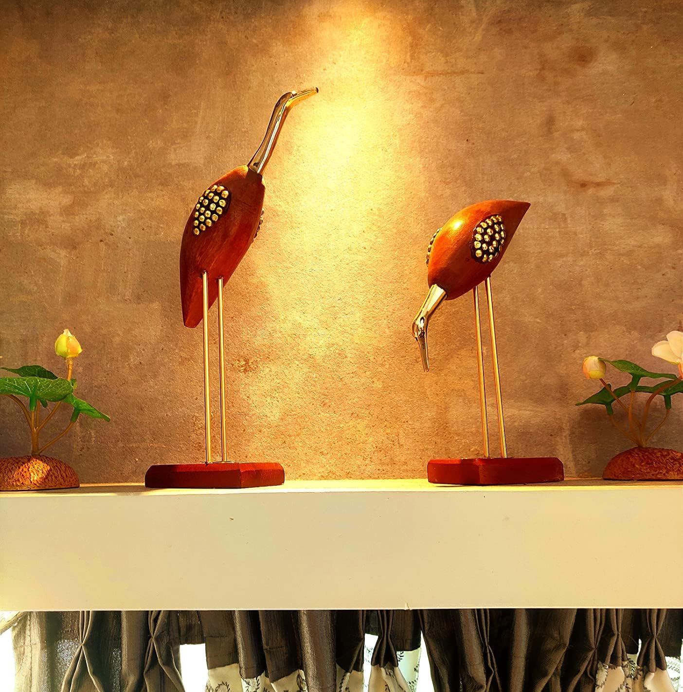 santarms Wooden and Brass Couple Swan for Home & Table Decor, Handmade Crane Decorative Item, Saras Love Birds Showpiece Figurine for Living Room and Bedroom