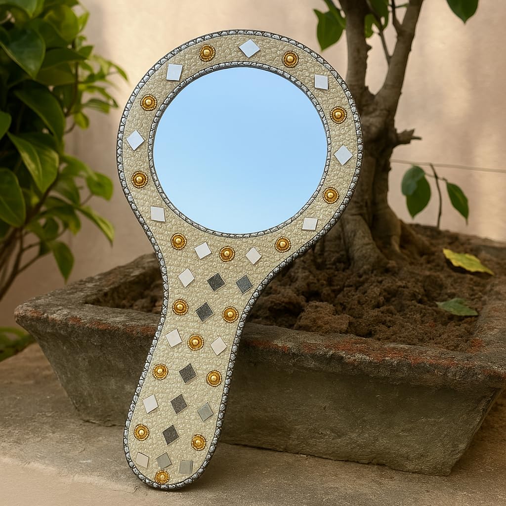 santarms Handcrafted Decorative Makeup Mirror – Vintage Handheld Vanity Mirror with Mirror Work, Pearls & Beads | Indian Traditional Design | Portable & Stylish Gift for Women, Pack of 1