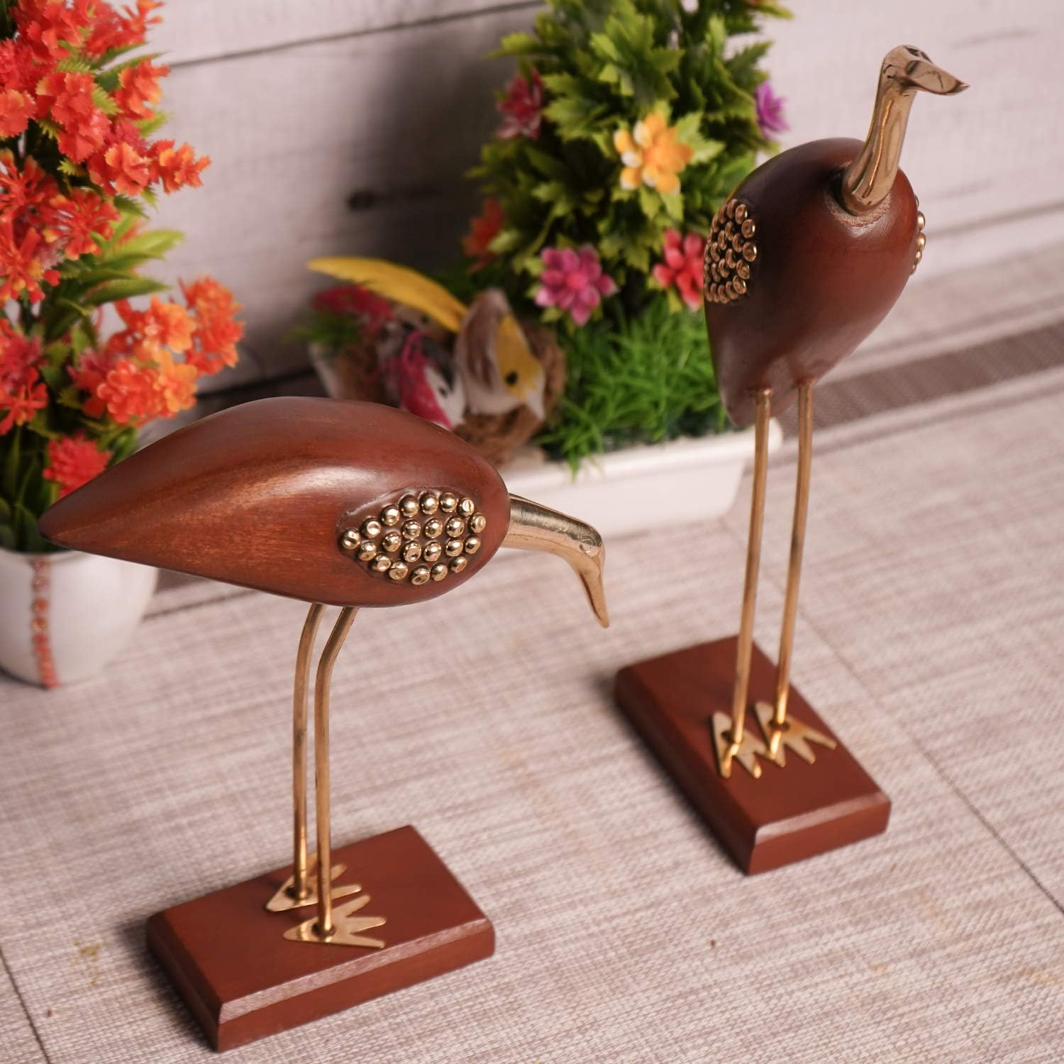 santarms Wooden and Brass Couple Swan for Home & Table Decor, Handmade Crane Decorative Item, Saras Love Birds Showpiece Figurine for Living Room and Bedroom