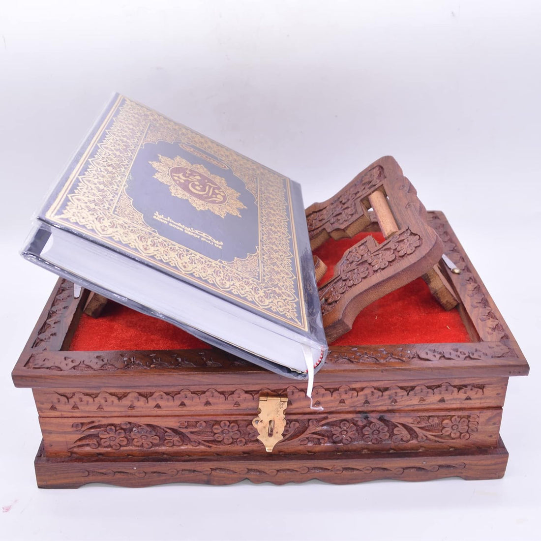 Santarms Holy Quran Book (in Arabic) with Wooden Quran Box for Reading | Ramadan Gifts Gift Hamper Set Handcrafted Fordable Book Box with Rehal Stand | Holy Book Holder with Rihal