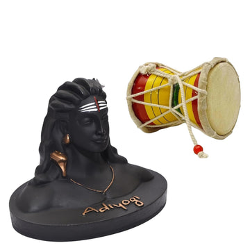 Santarms Marble Adiyogi with Wooden Shiva Damaru/Damru for Car Dashboard, Pooja Ghar, Mandir and Table - 13 * 12 cm