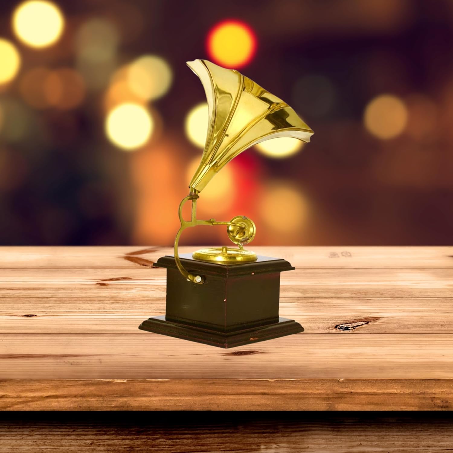 santarms Vintage Gramophone Antique Record Player Retro Music Lover's Collectible Classic Gramophone Decor Piece with Brass Horn & Wooden Base